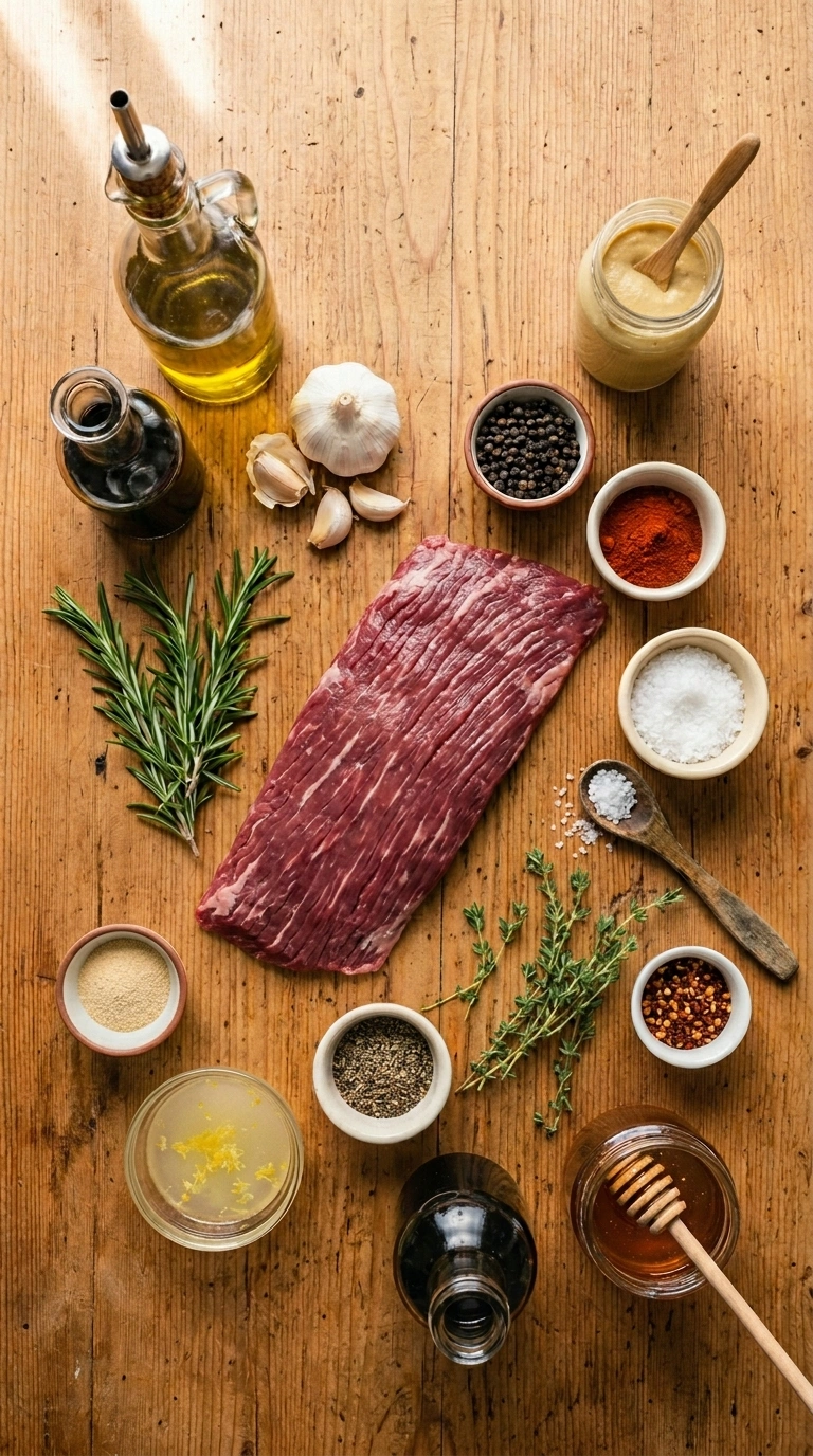 Ingredients for juicy grilled flank steak crowd