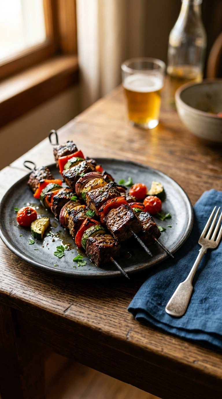 juicy grilled beef kebabs crowd ready to serve