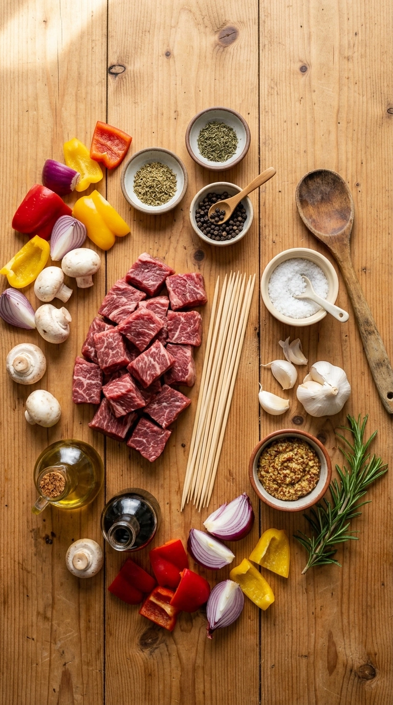 Ingredients for juicy grilled beef kebabs crowd