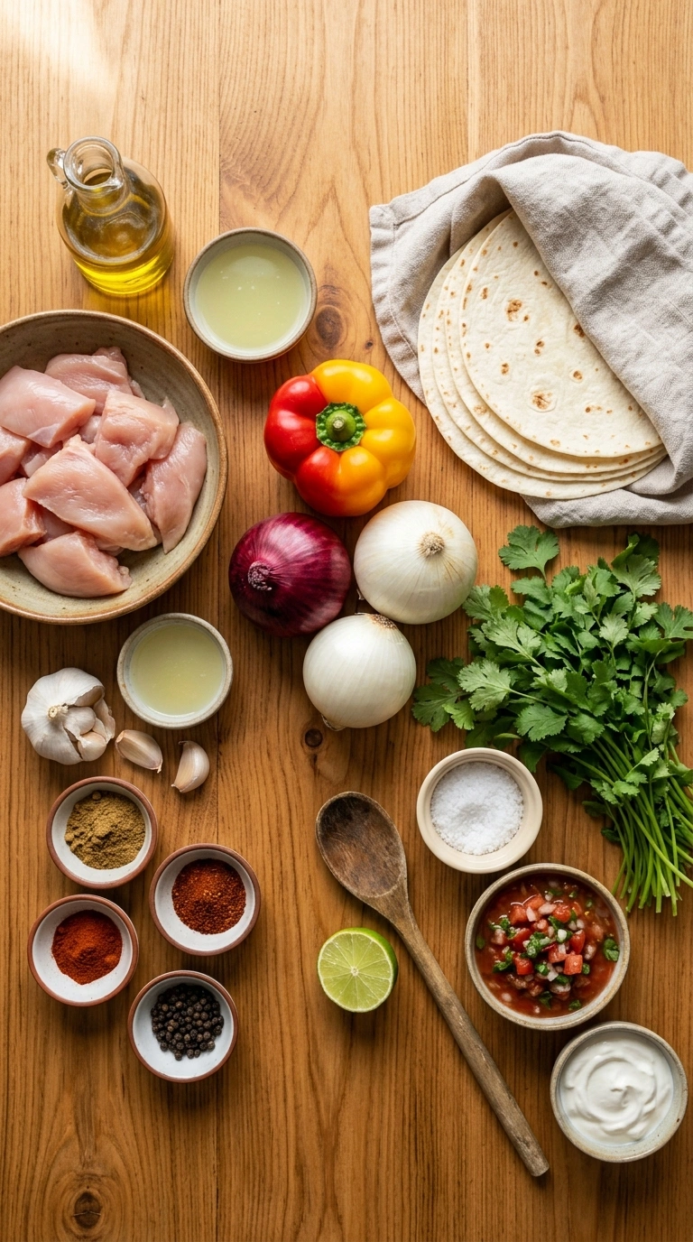 Ingredients for sizzling grilled chicken fajitas crowd