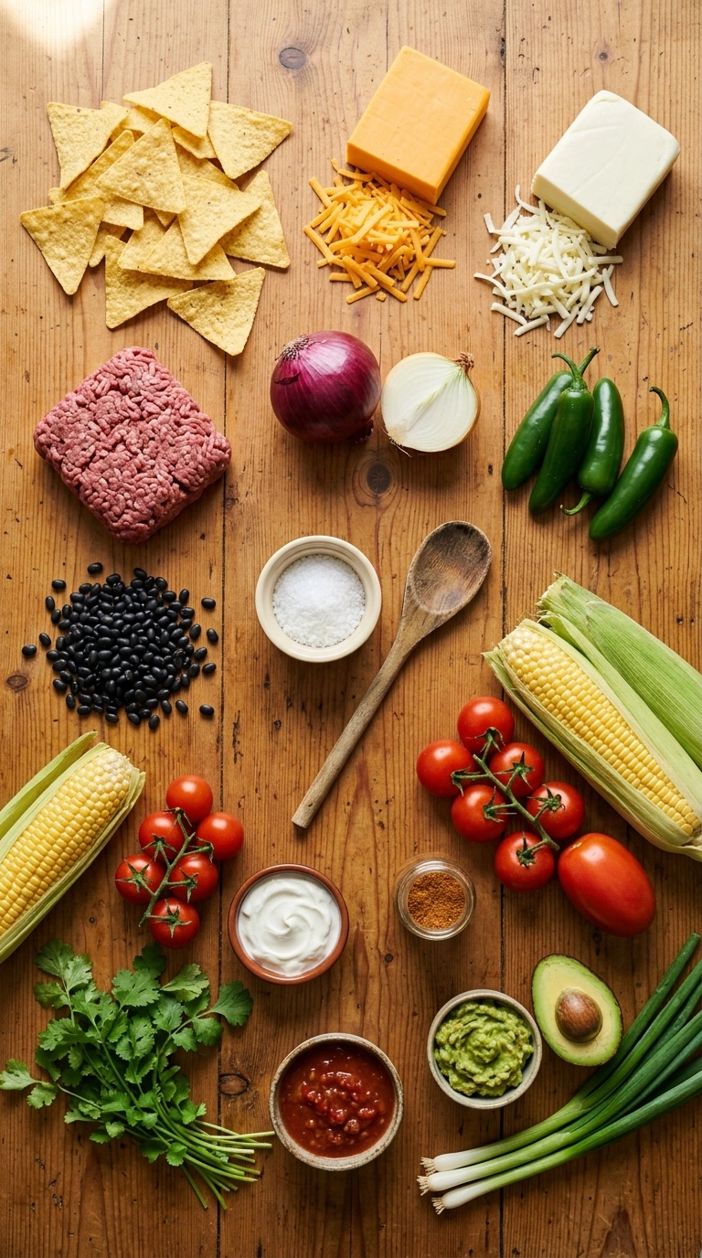 Ingredients for cheesy loaded game day nachos