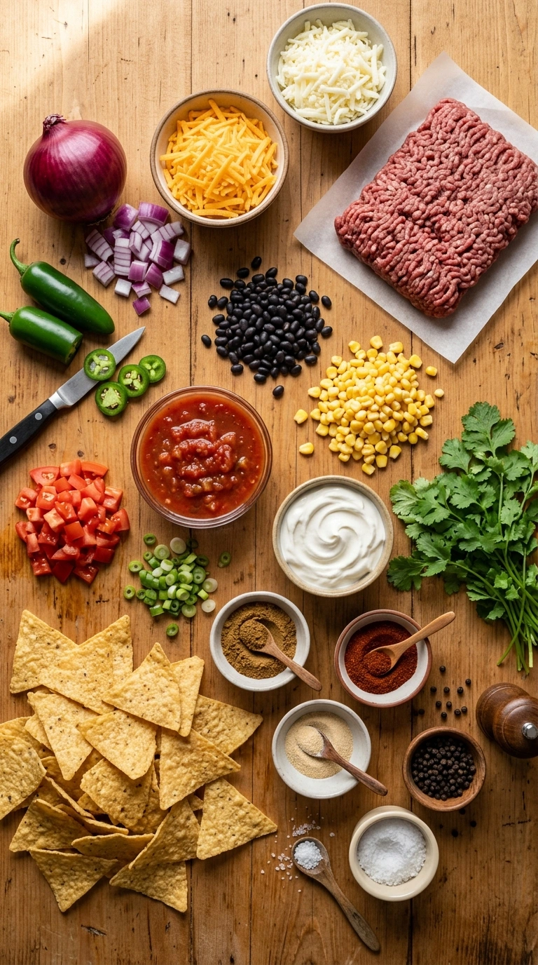 Ingredients for cheesy loaded football nachos
