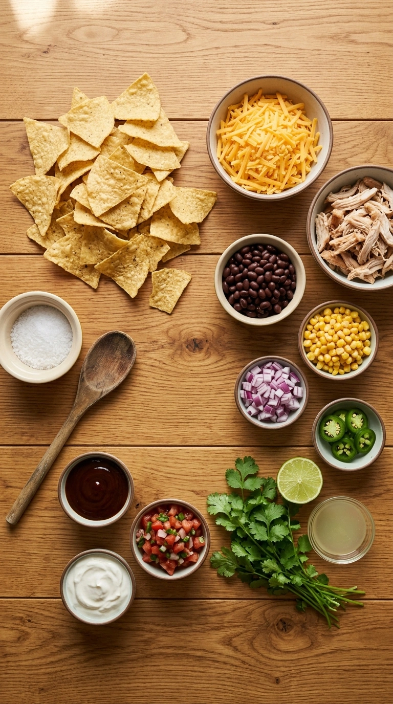 Ingredients for cheesy loaded BBQ nachos