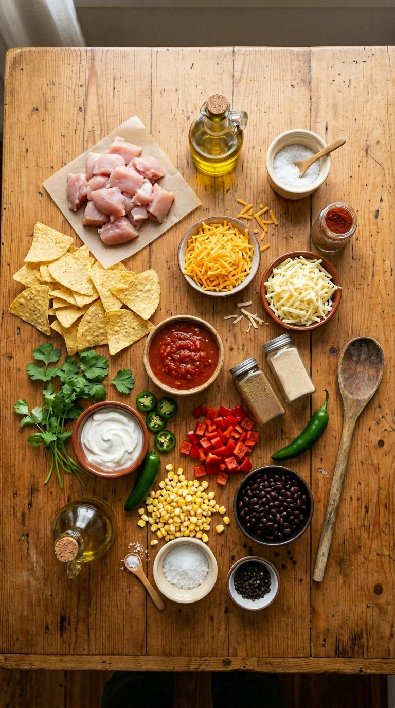 Ingredients for cheesy loaded chicken nachos