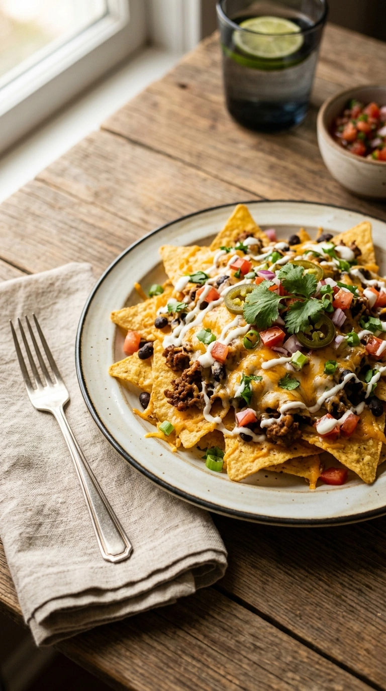 cheesy loaded beef nachos ready to serve