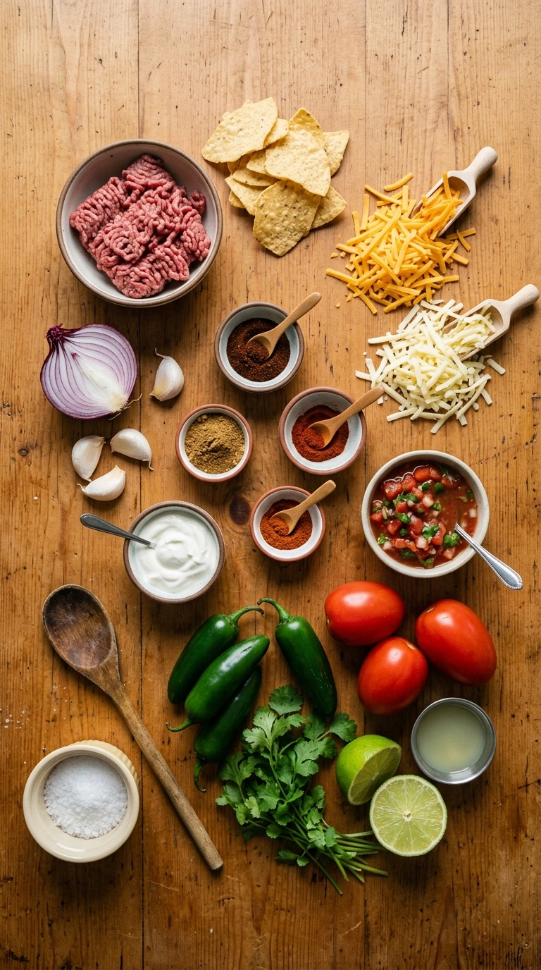 Ingredients for cheesy loaded beef nachos