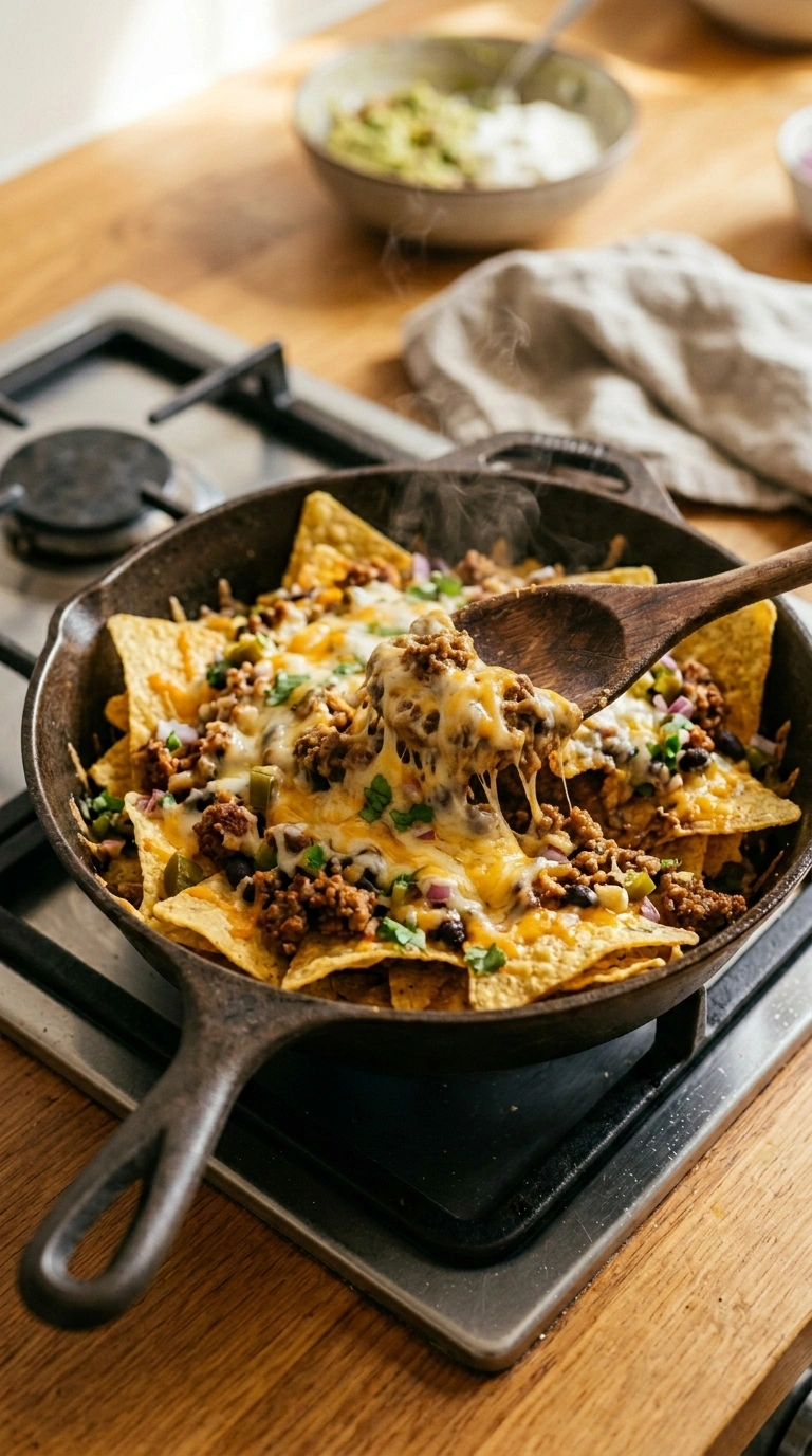 Cooking instructions for cheesy loaded beef nachos
