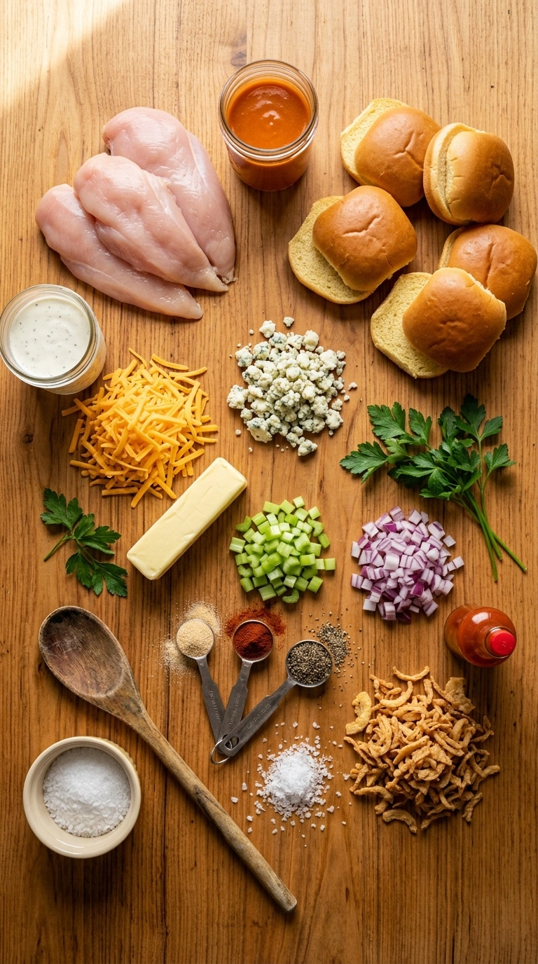 Ingredients for loaded buffalo chicken sliders