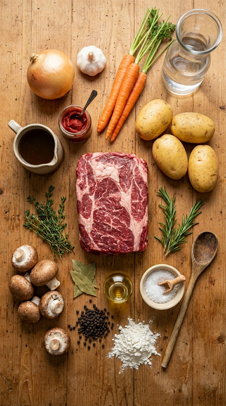 Ingredients for cozy fall crowd beef dinner