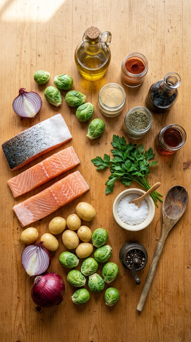 Ingredients for cozy fall crowd salmon dinner