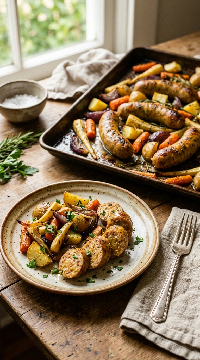 loaded sheet pan chicken sausage ready to serve