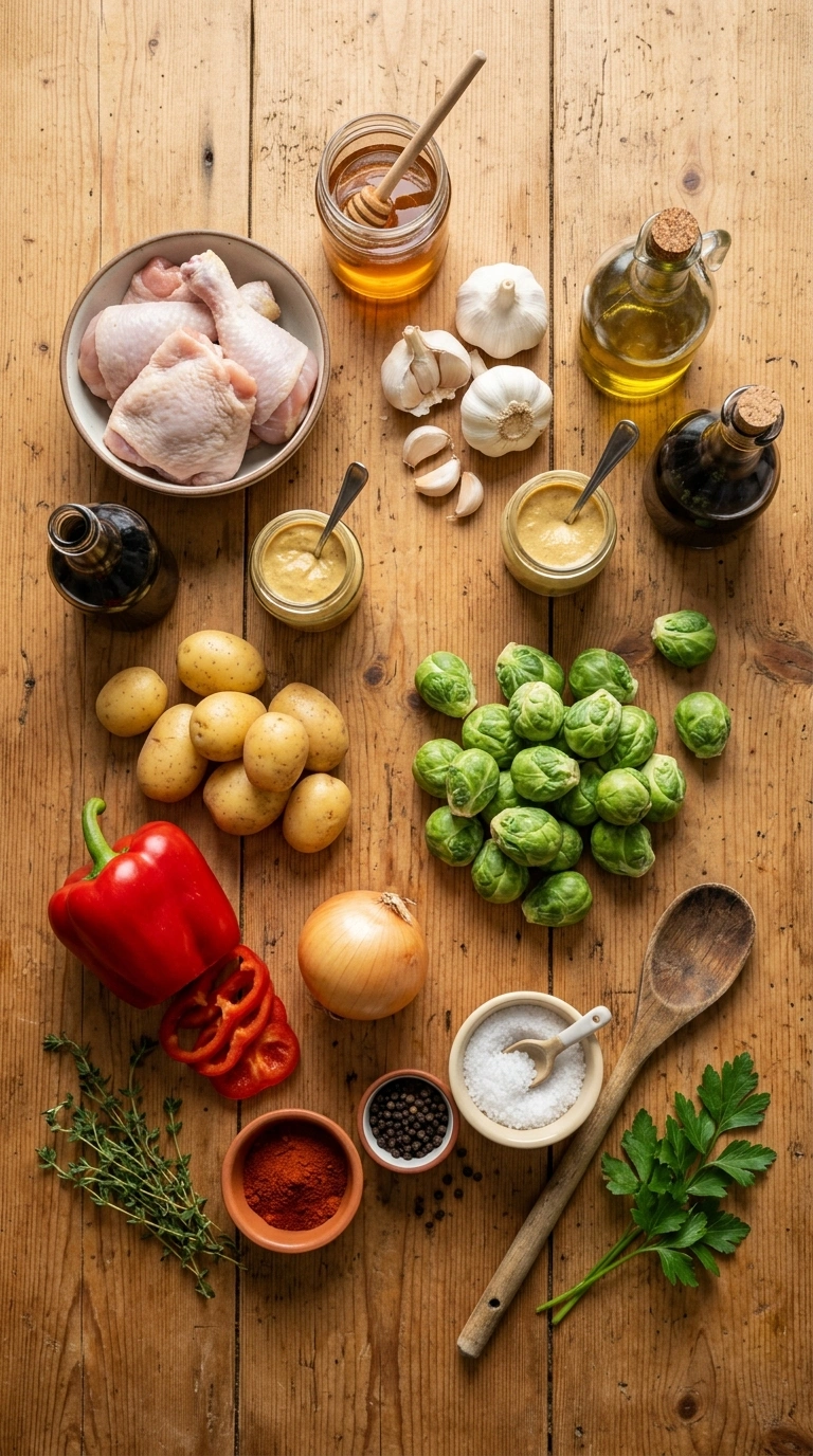 Ingredients for loaded sheet pan honey garlic chicken