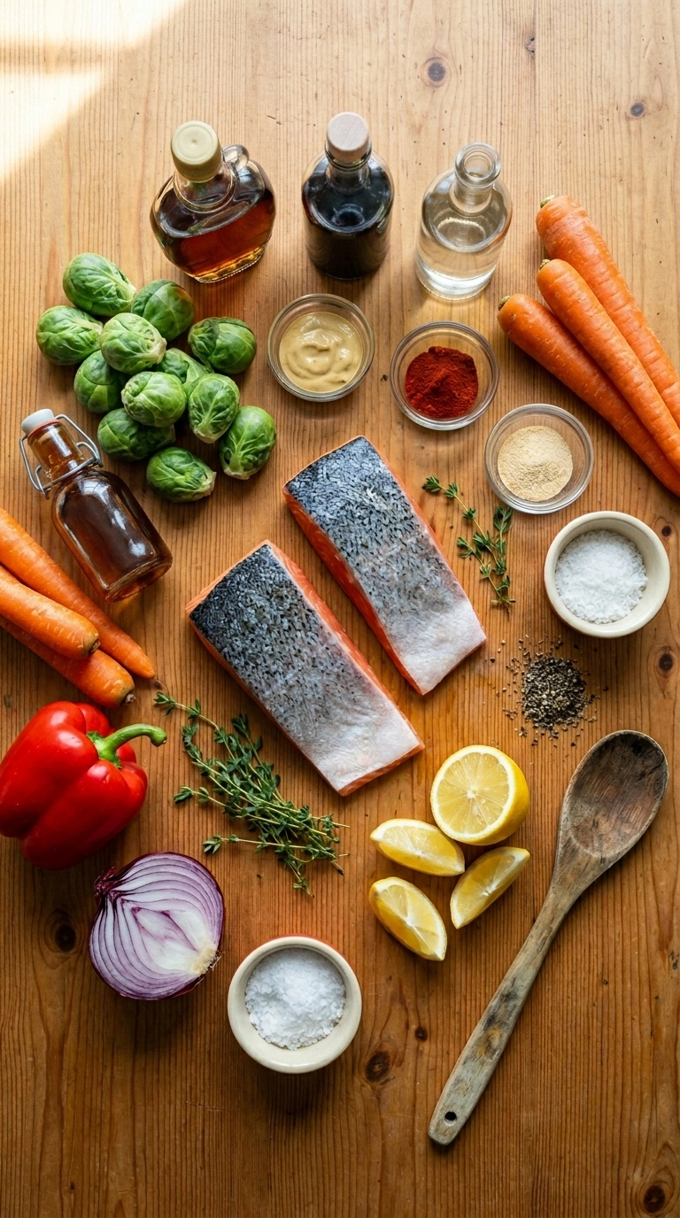 Ingredients for loaded sheet pan maple salmon