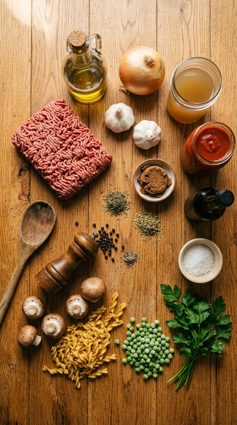 Ingredients for saucy crowd beef skillet