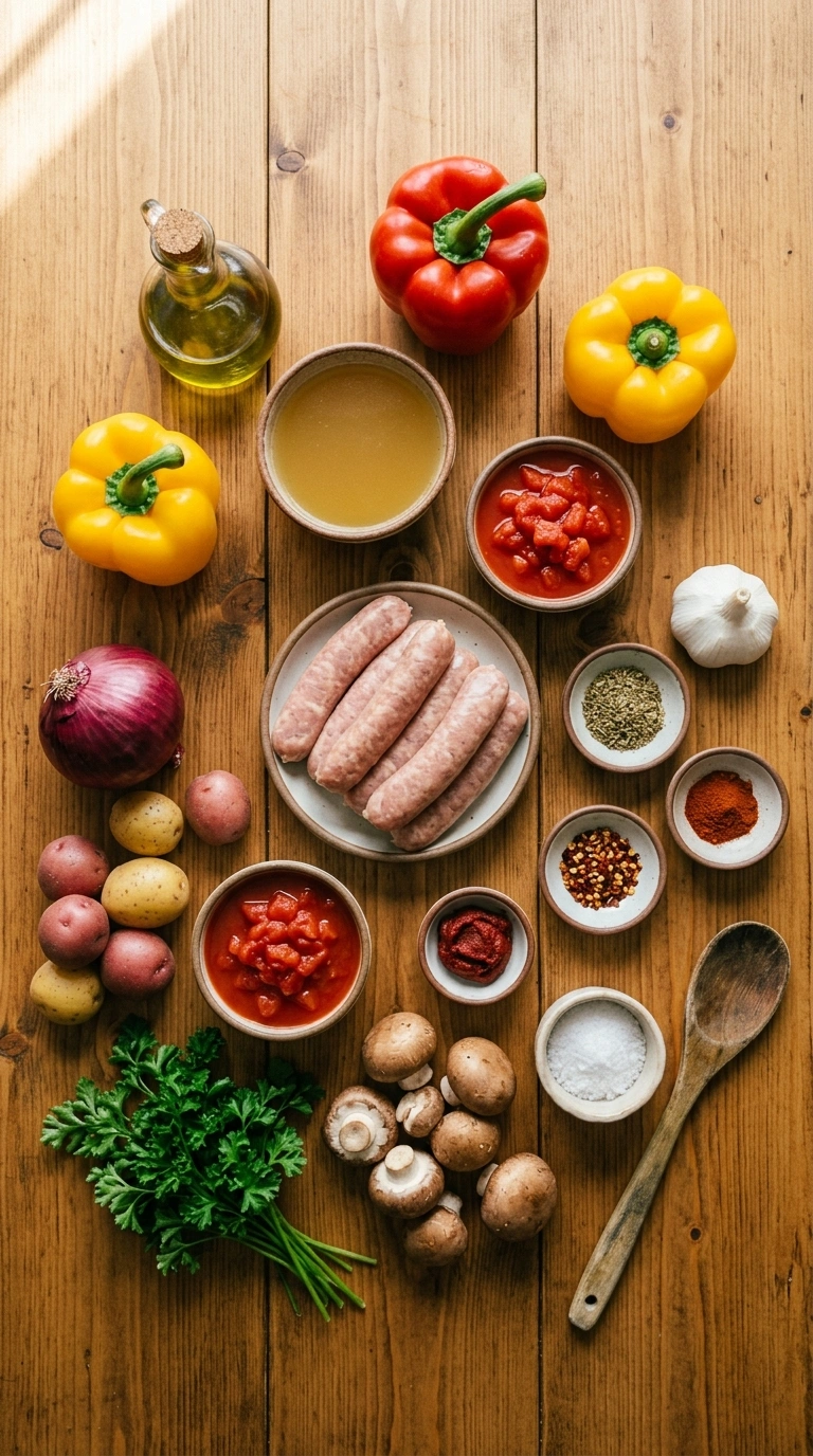 Ingredients for saucy crowd sausage skillet