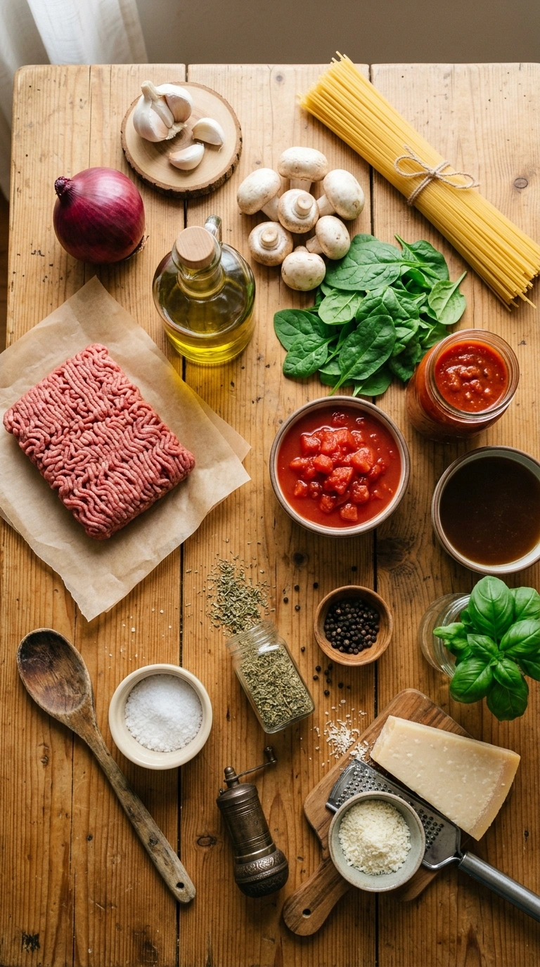 Ingredients for saucy crowd pasta skillet