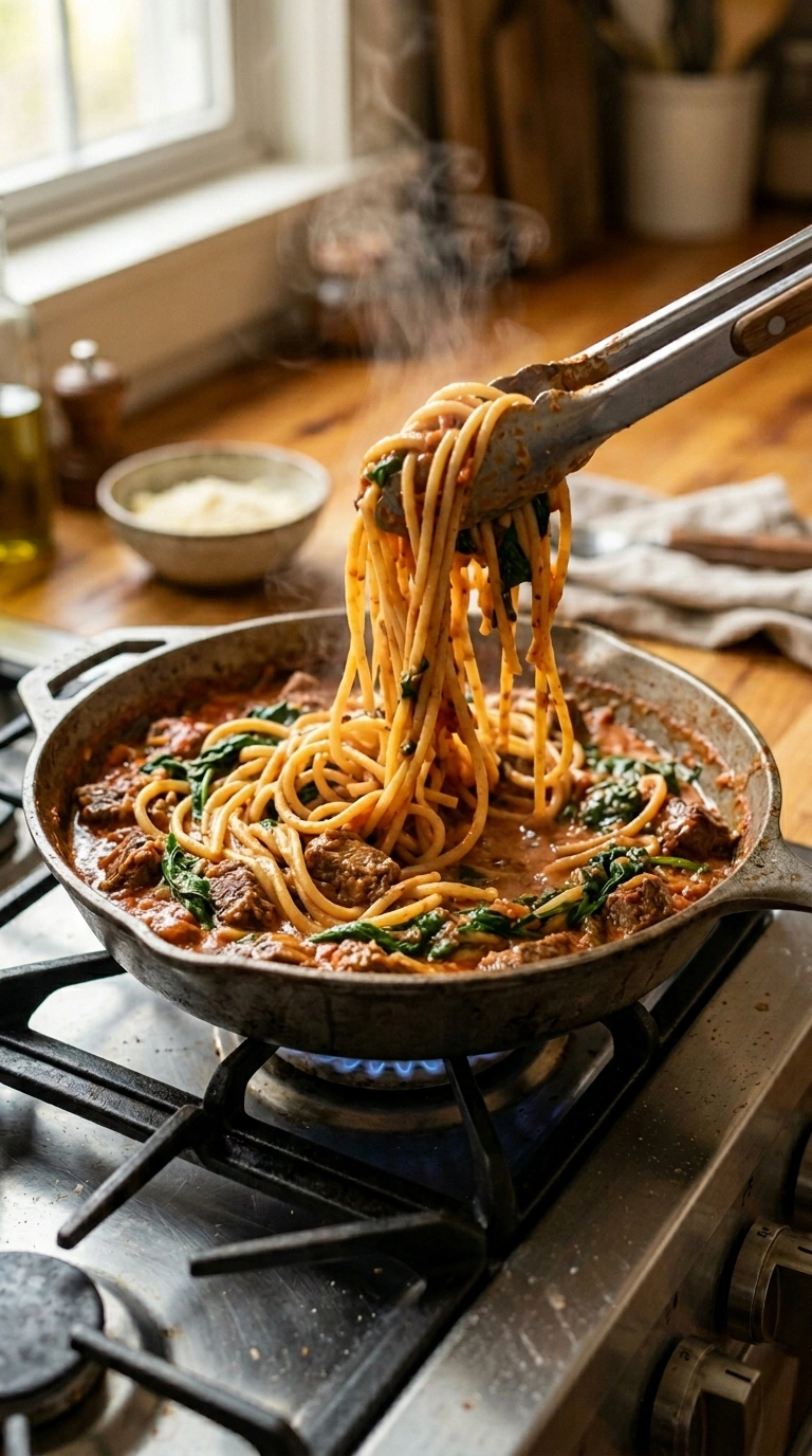 Cooking instructions for saucy crowd pasta skillet