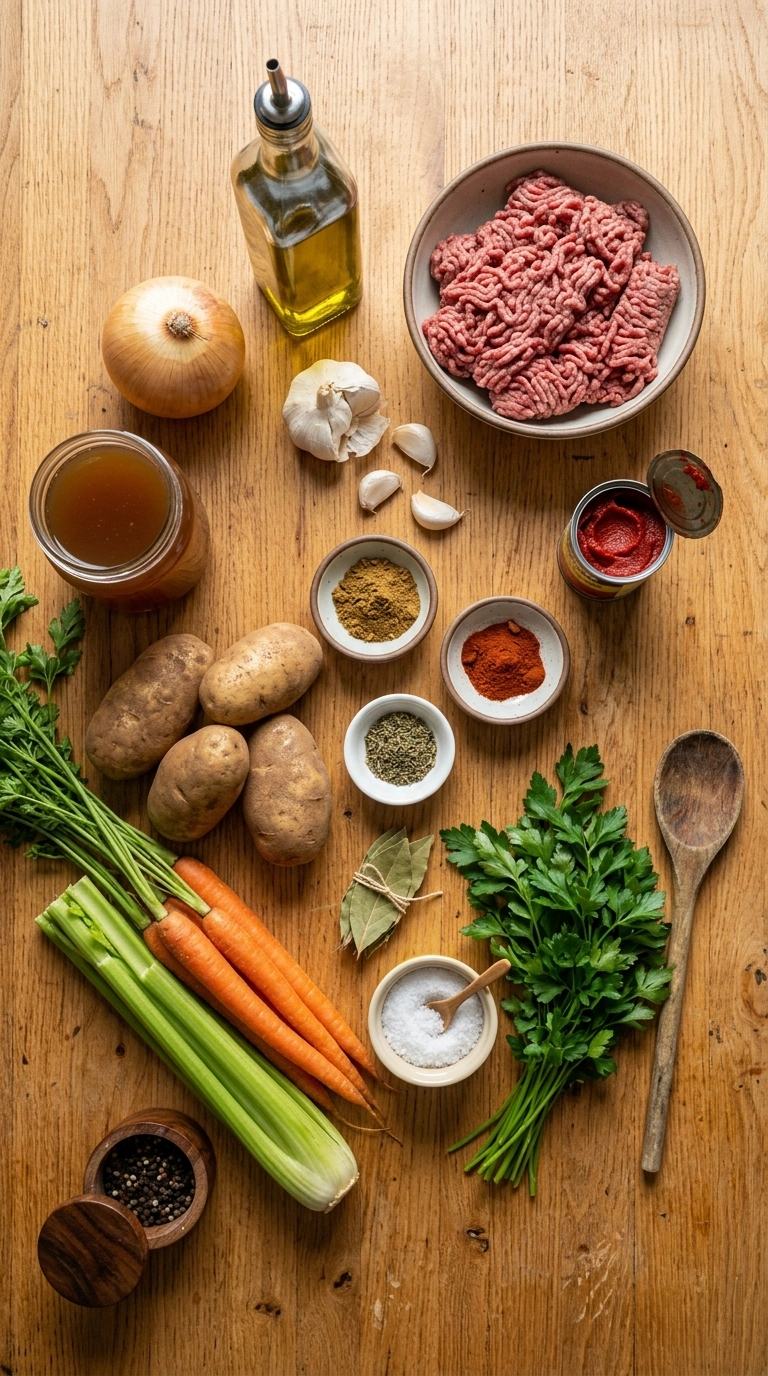 Ingredients for cozy hearty crowd beef bowl