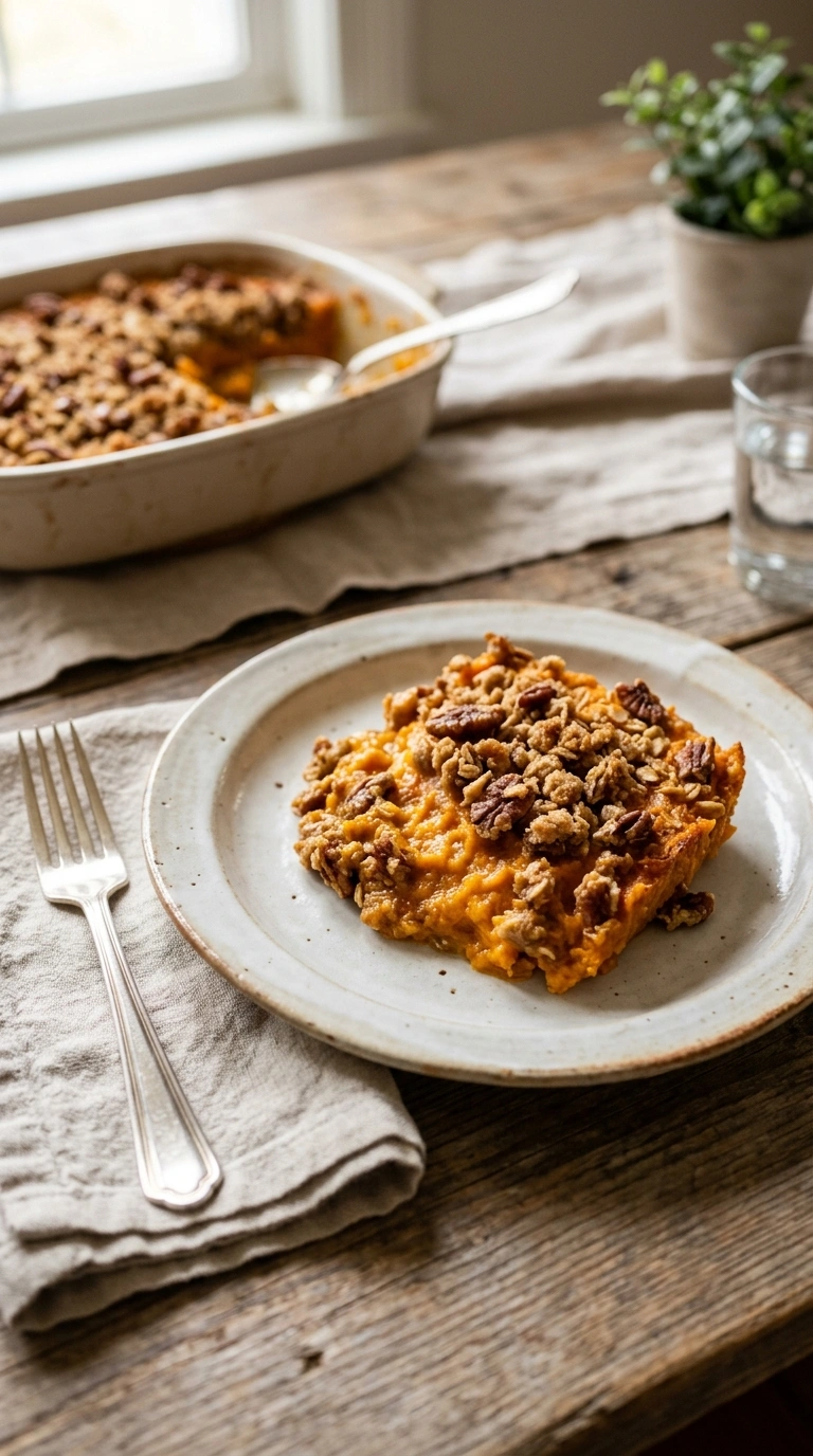 creamy buttery sweet potato casserole ready to serve