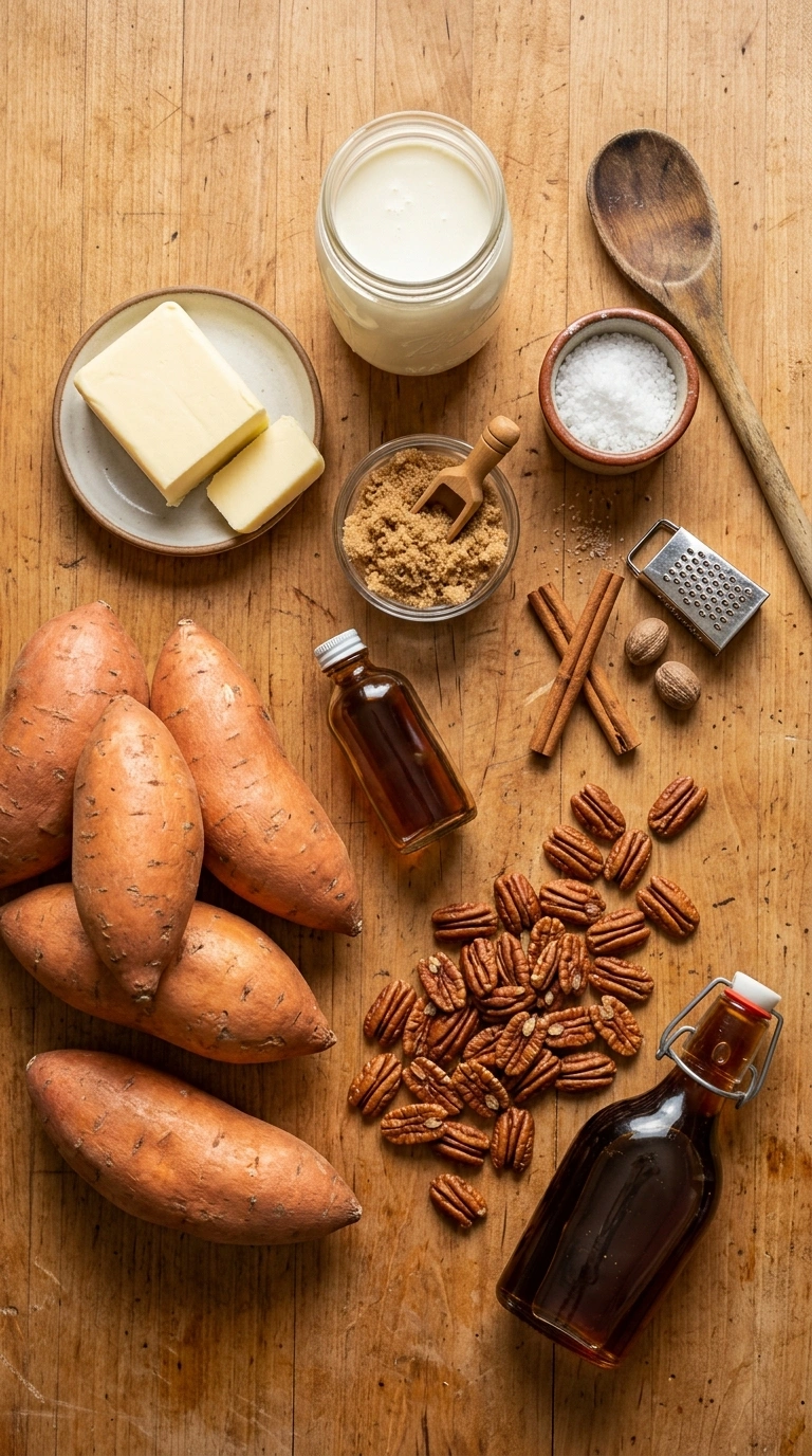 Ingredients for creamy buttery pecan sweet potato casserole