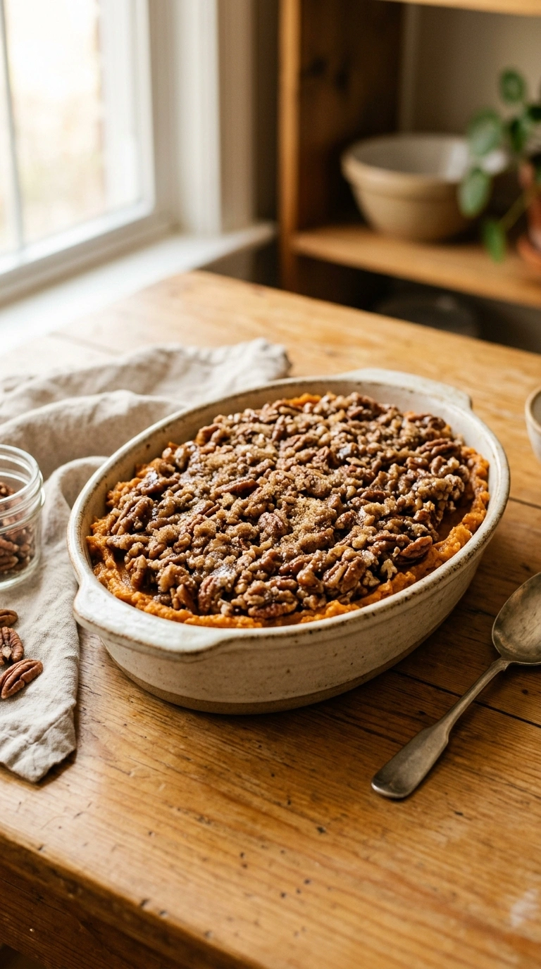 Cooking instructions for creamy buttery pecan sweet potato casserole