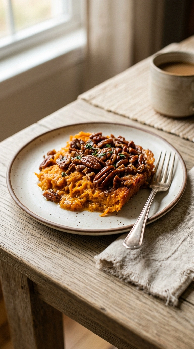 creamy buttery pecan sweet potato casserole ready to serve