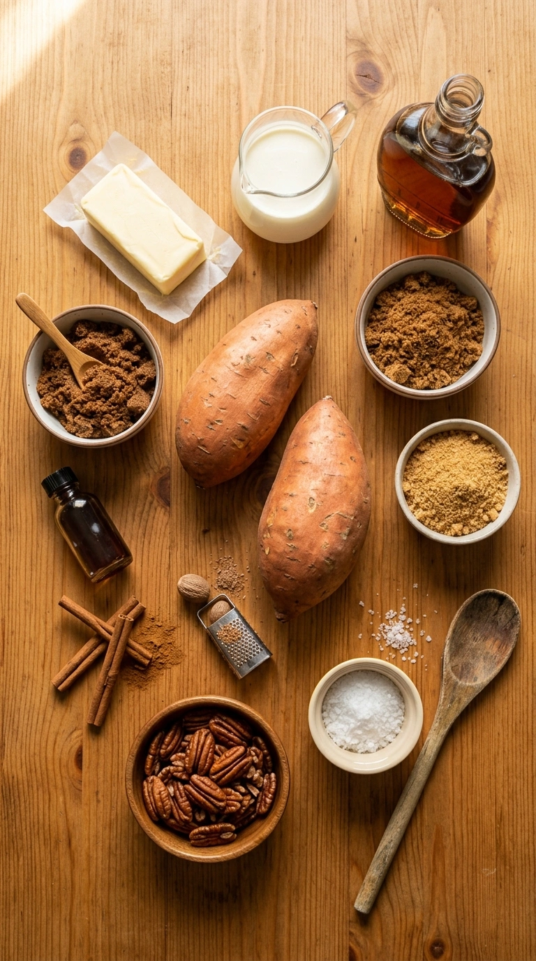 Ingredients for creamy buttery maple sweet potato casserole