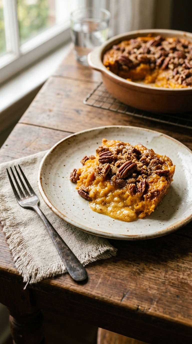 creamy buttery maple sweet potato casserole ready to serve