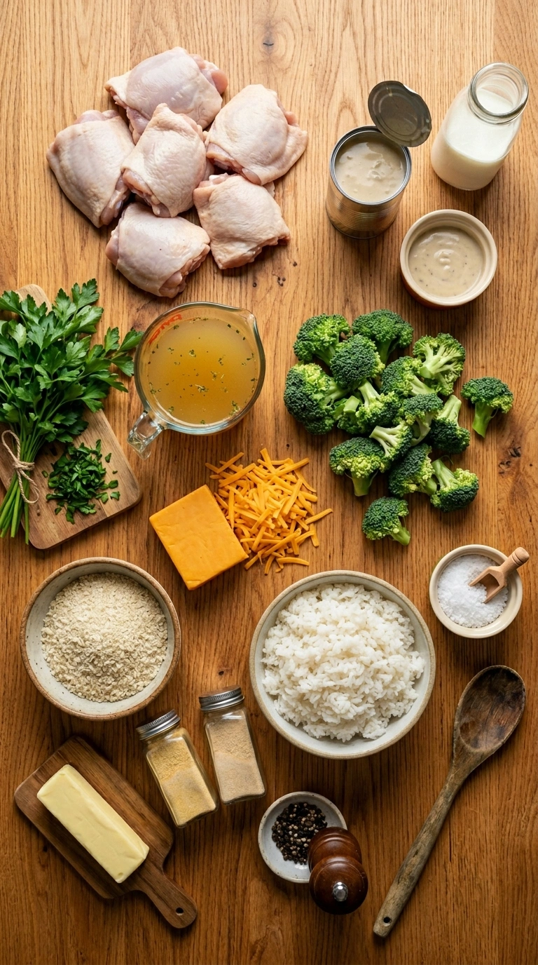 Ingredients for golden tender chicken broccoli casserole