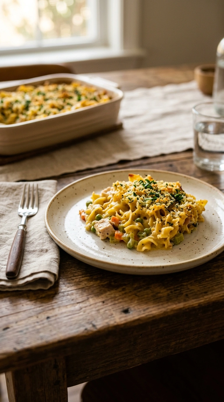 golden tender chicken noodle casserole ready to serve