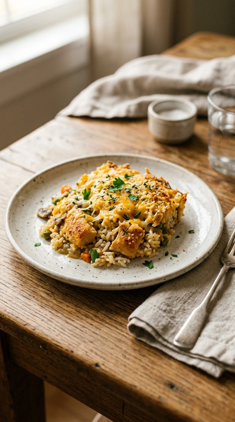 golden tender chicken rice casserole ready to serve