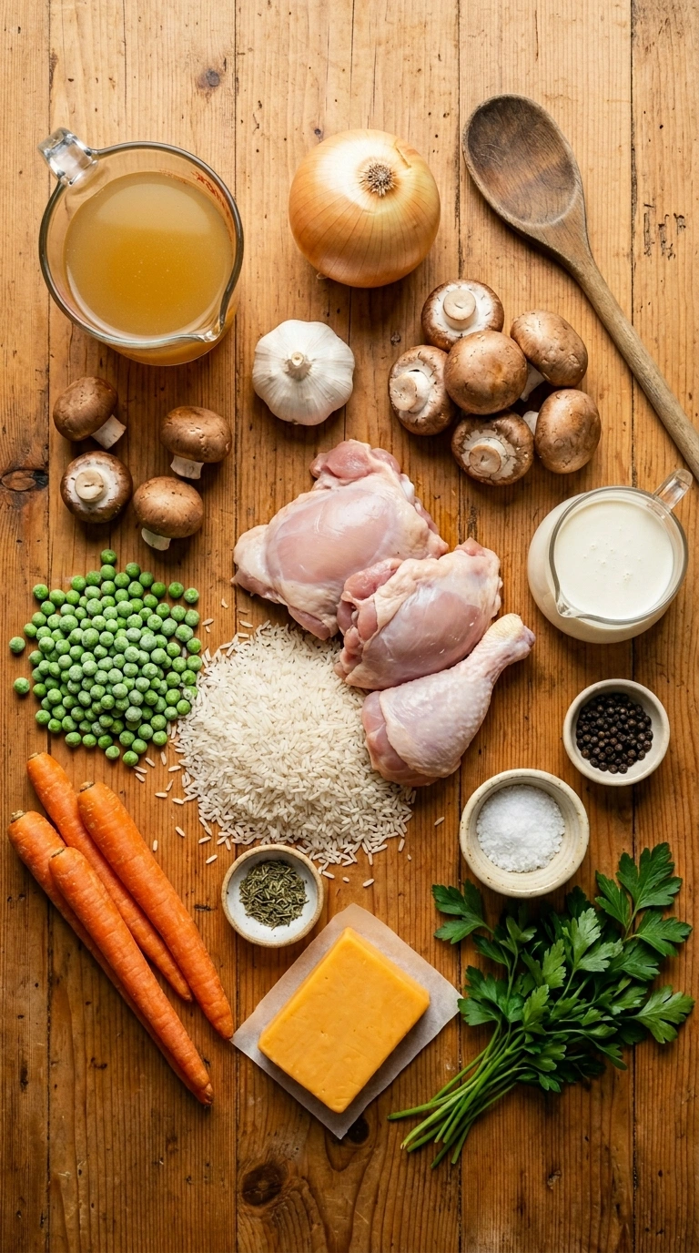 Ingredients for golden tender chicken rice casserole