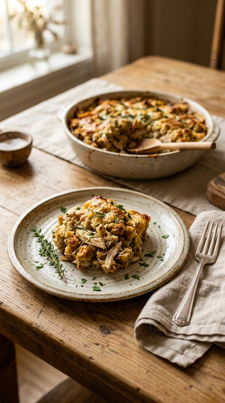 golden tender chicken stuffing casserole ready to serve