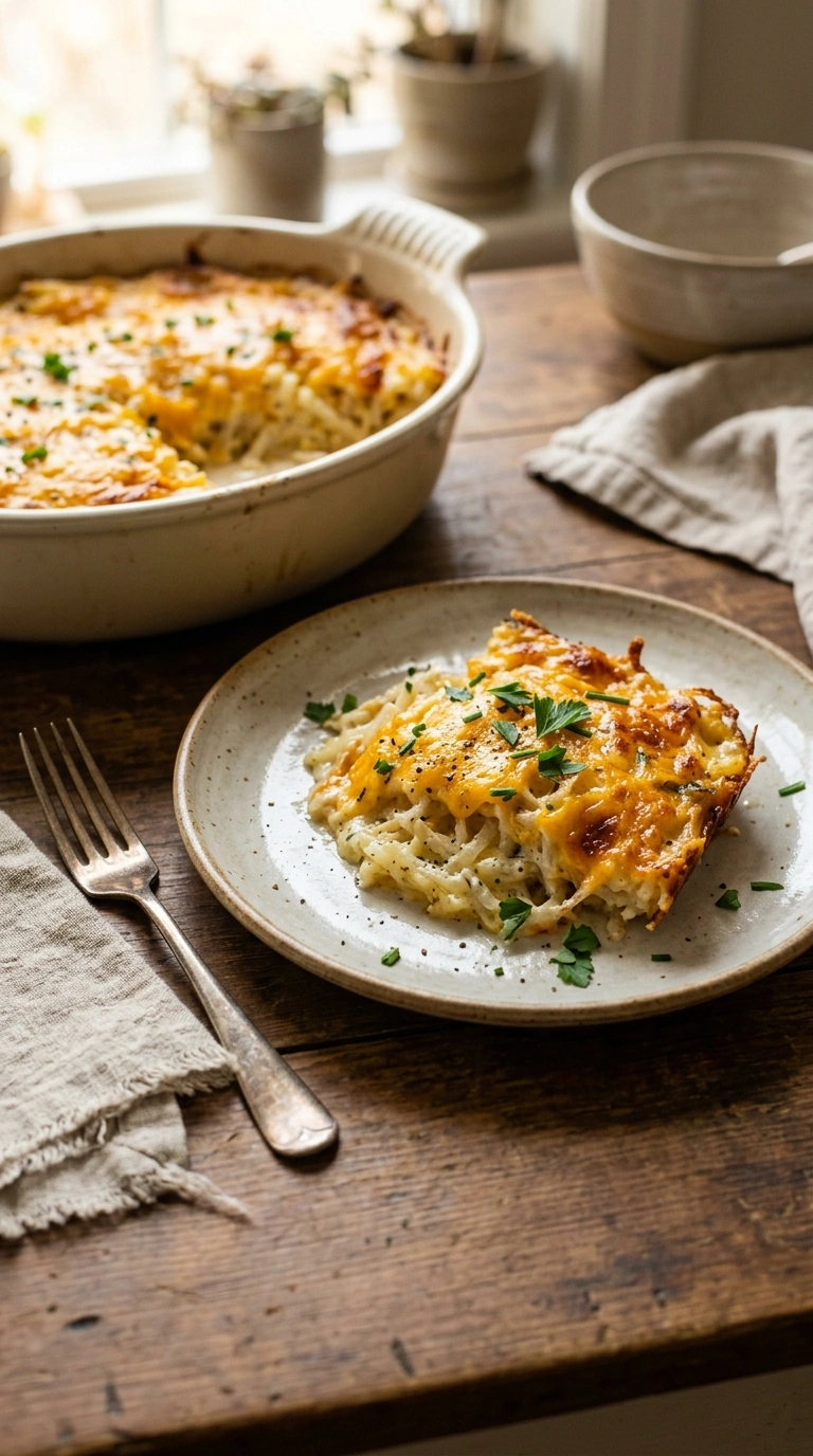 golden loaded hashbrown casserole ready to serve