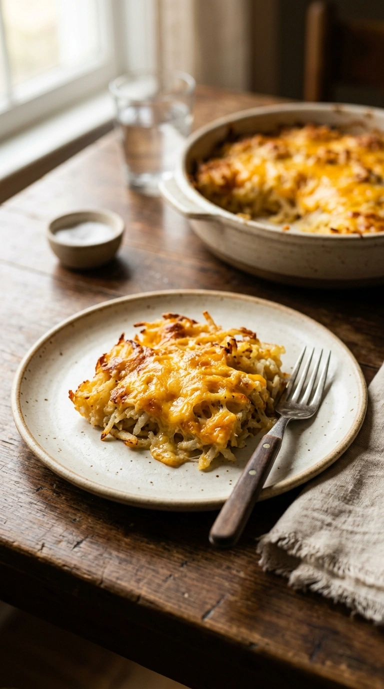 golden loaded hashbrown casserole ready to serve