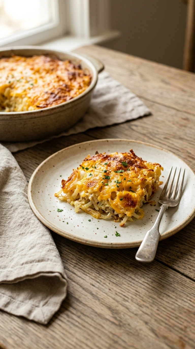 golden cheesy hashbrown casserole ready to serve