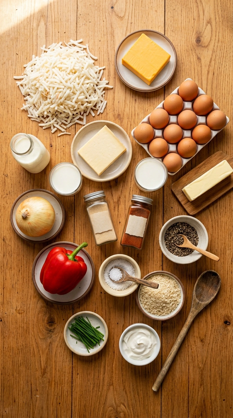 Ingredients for golden cheesy hashbrown casserole