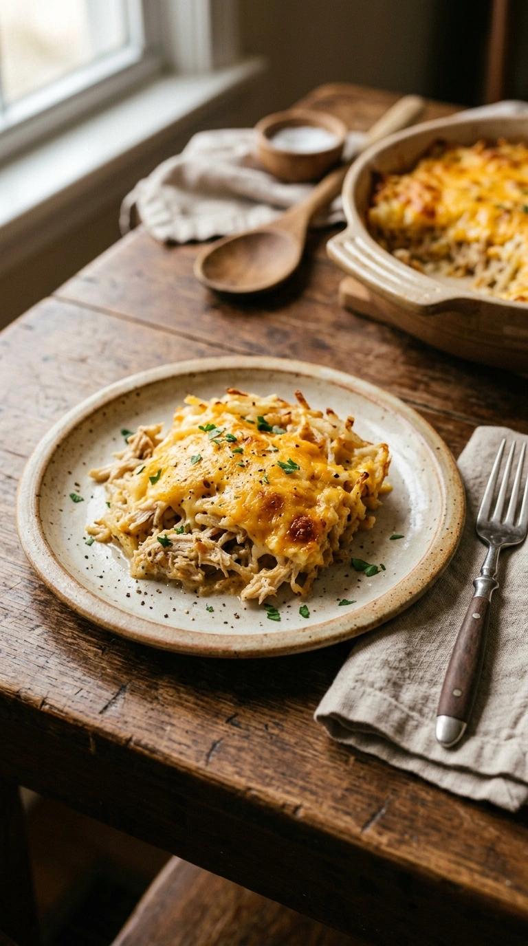golden chicken hashbrown casserole ready to serve