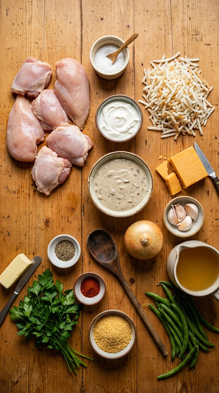 Ingredients for golden chicken hashbrown casserole