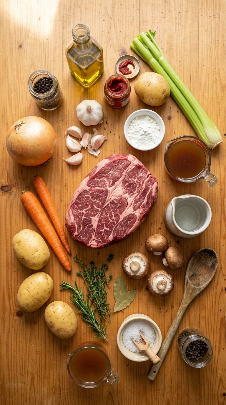 Ingredients for hearty beef casserole crowd