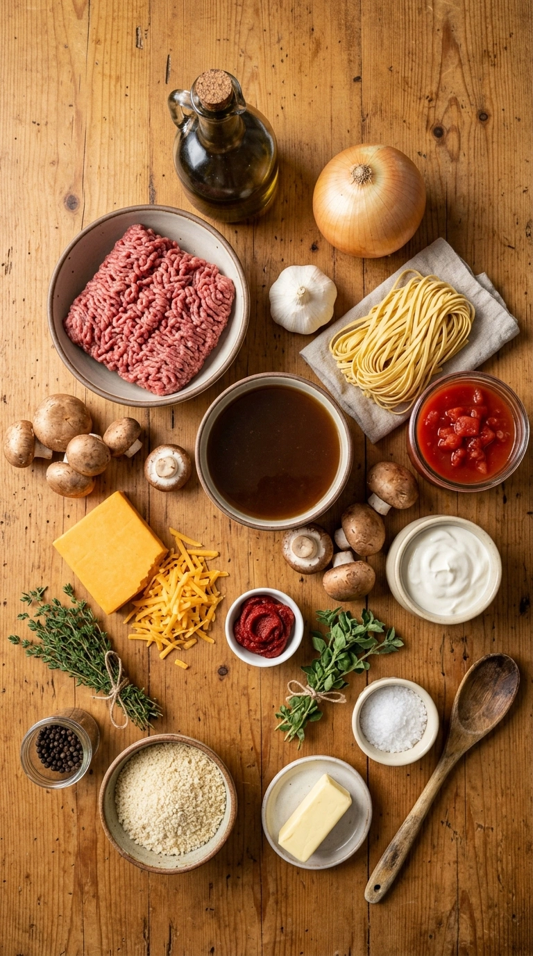 Ingredients for hearty ground beef casserole crowd