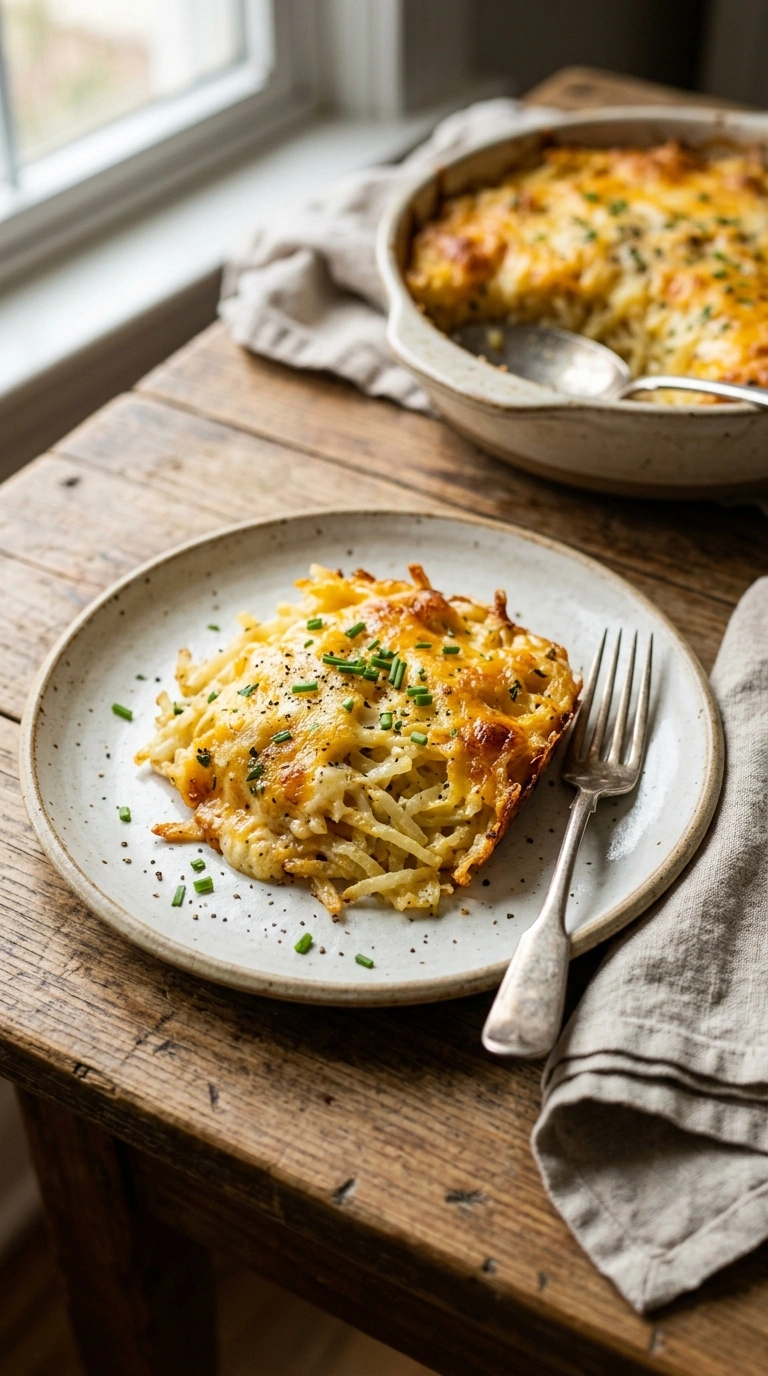 golden breakfast hashbrown casserole ready to serve