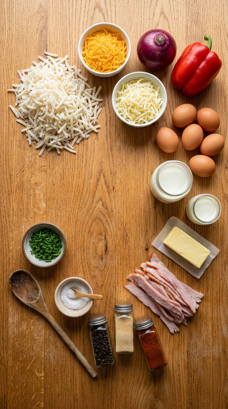 Ingredients for golden breakfast hashbrown casserole