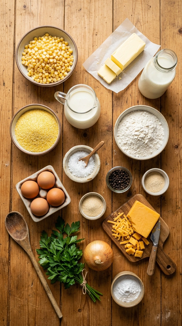 Ingredients for buttery corn casserole crowd