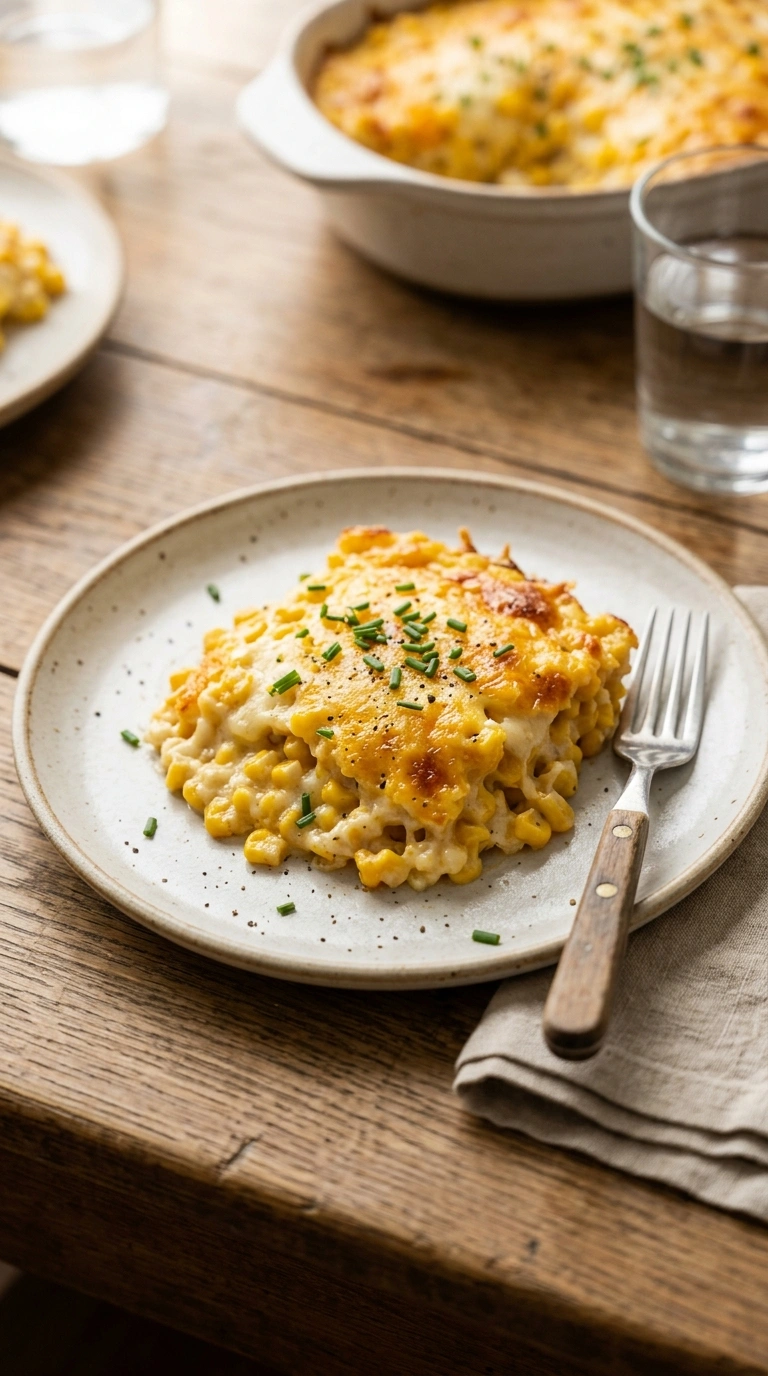 buttery cheesy corn casserole ready to serve