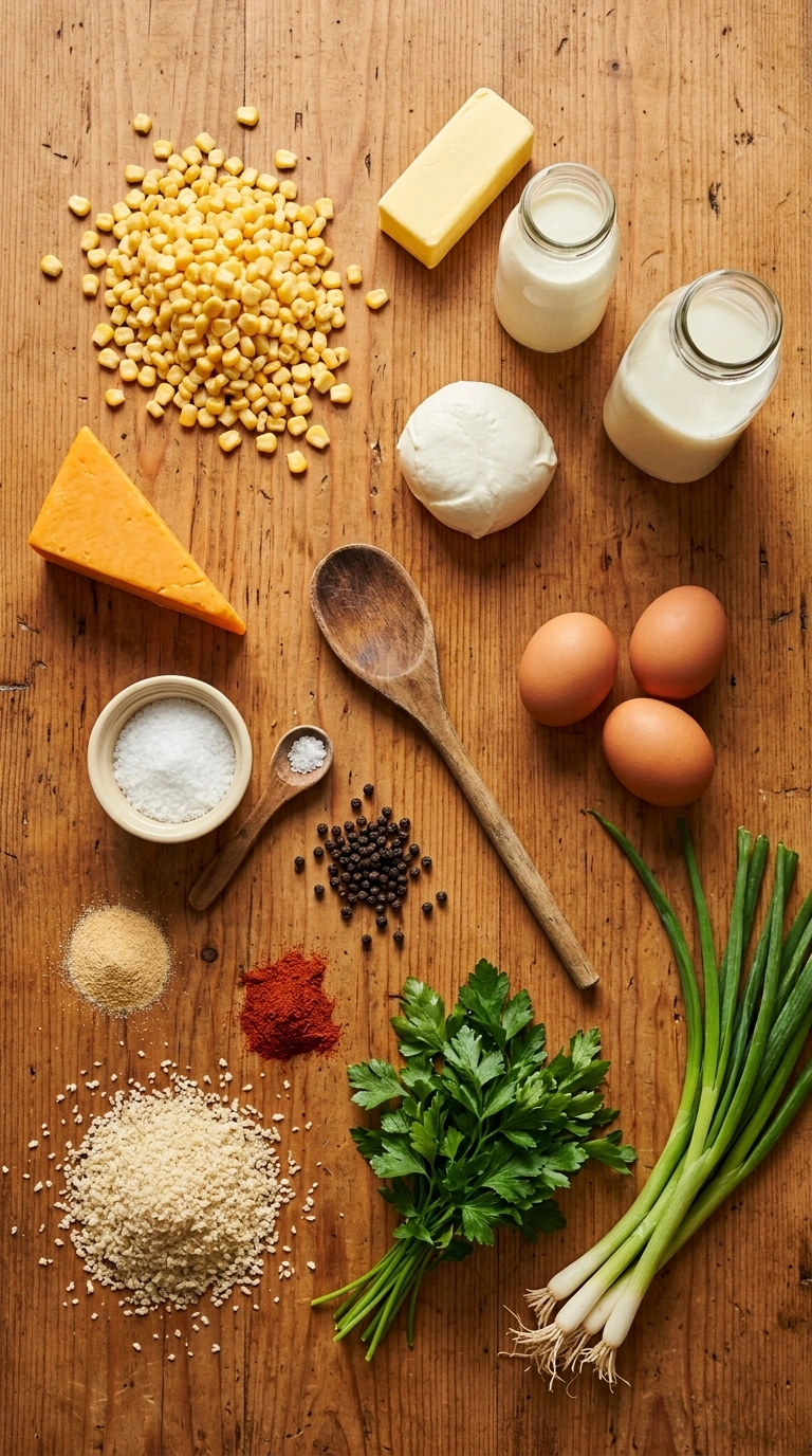 Ingredients for buttery cheesy corn casserole