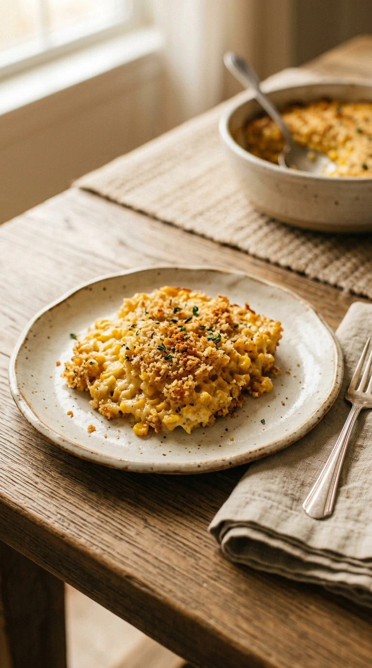 buttery fall corn casserole ready to serve