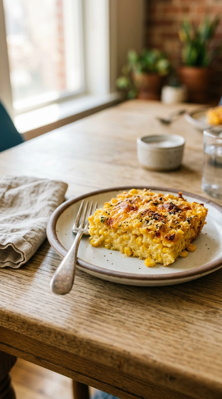 buttery crowd corn pudding casserole ready to serve