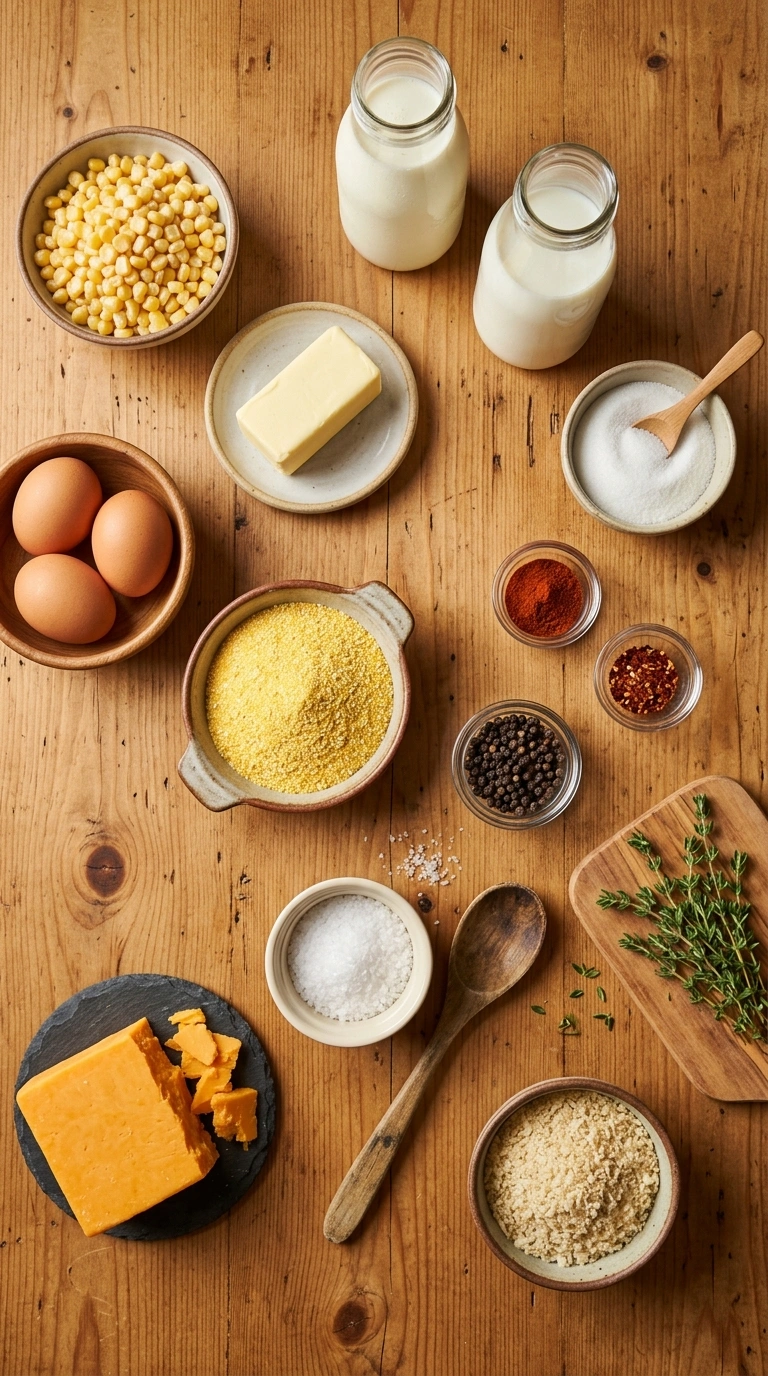 Ingredients for buttery crowd corn pudding casserole