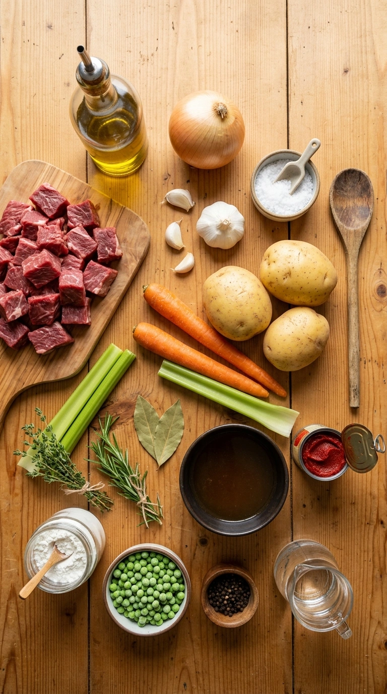 Ingredients for hearty beef casserole crowd
